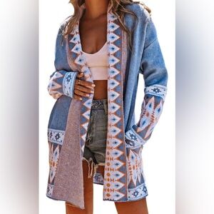 Aztec Patterned Blue and Orange Women's Sweater, Sz Medium